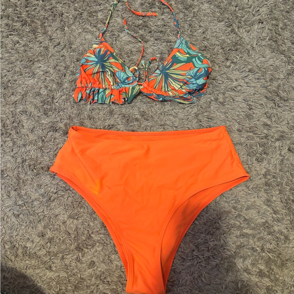 SHEIN Orange High-Waist Bikini Bottom with Tropical Print Bikini Top
